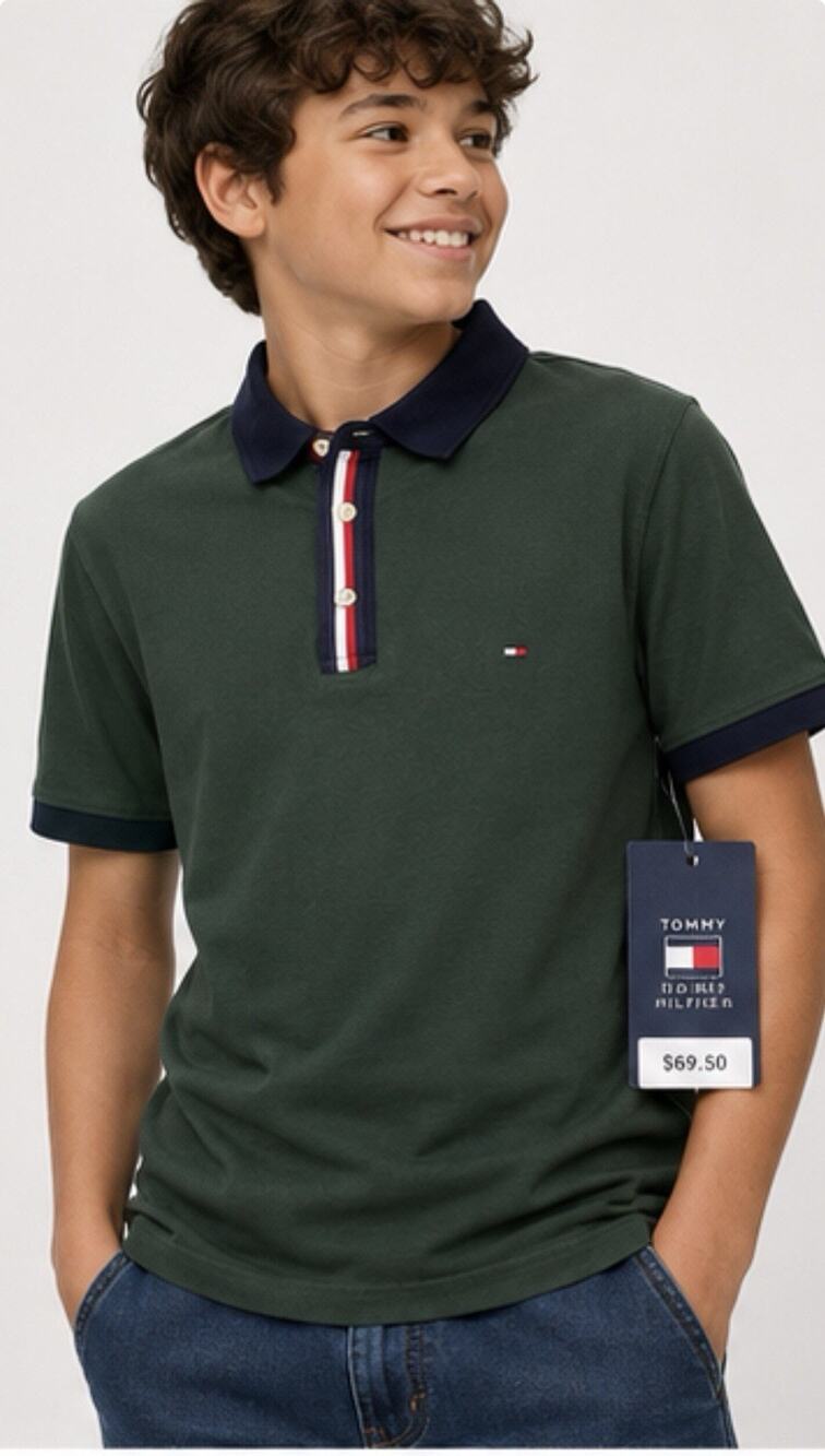 NWT Tommy Hilfiger Boys XL Polo Shirt Green Navy Trim Flag Logo $69.50